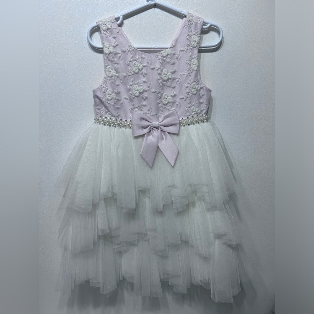 AMERICAN PRINCESS Girl Embroidered Tiered Tulle Dress with Front Bow Size 5
